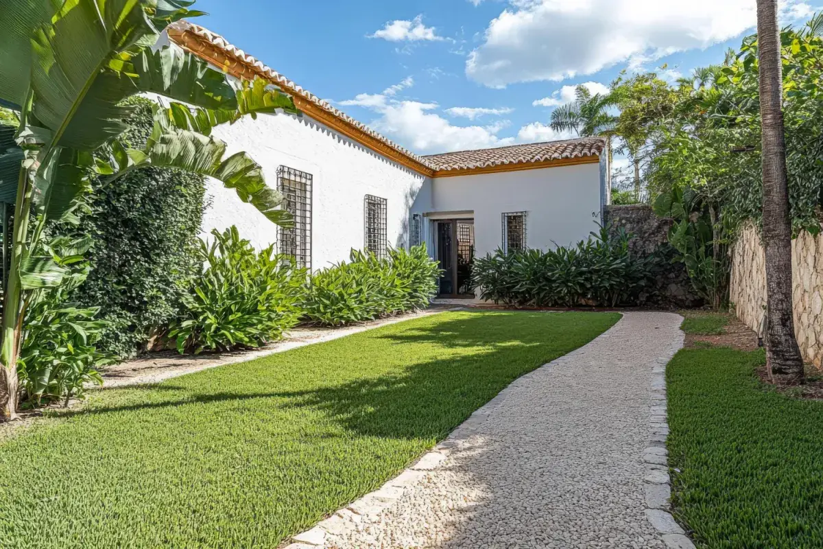 Casa térrea com gramado, caminho de pedriscos e canteiros de folhagens
