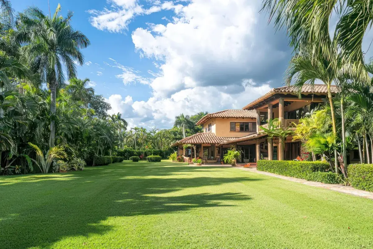 Casa de chácara com gramado amplo, palmeiras e cerca viva