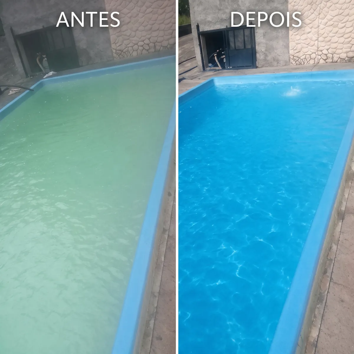 Mesma piscina antes da limpeza, com água verde e turva, e depois, com água azul e cristalina