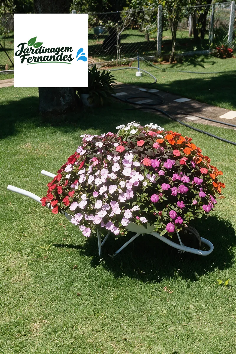 Carrinho de mão com flores coloridas sobre um gramado, com o logo da Jardinagem Fernandes